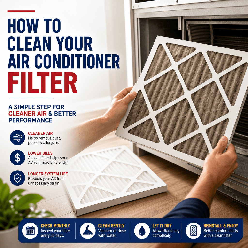 Technician cleaning an air conditioner filter for improved AC efficiency and indoor air quality