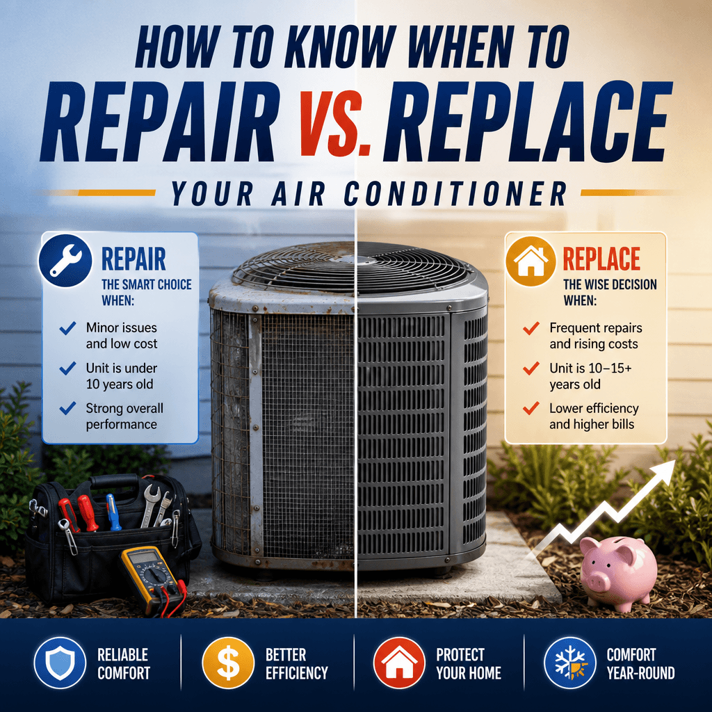 Technician inspecting an air conditioner to help decide whether to repair or replace it.